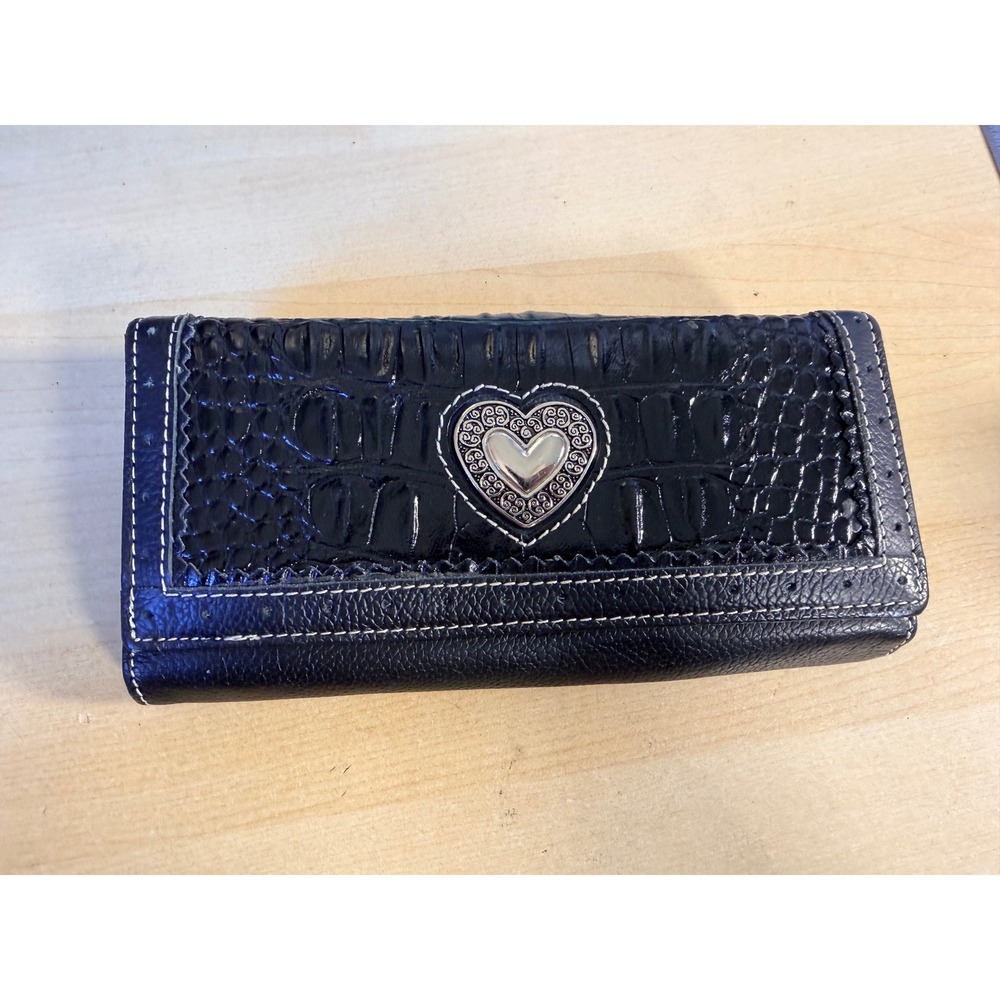 Brighton Croco Heart Wallet Black Leather Kiss Lock Western Boho Y2K